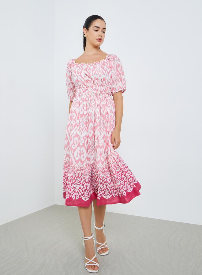 Styli Women Pink Printed Ruched A-Line Midi Dress - Image 2